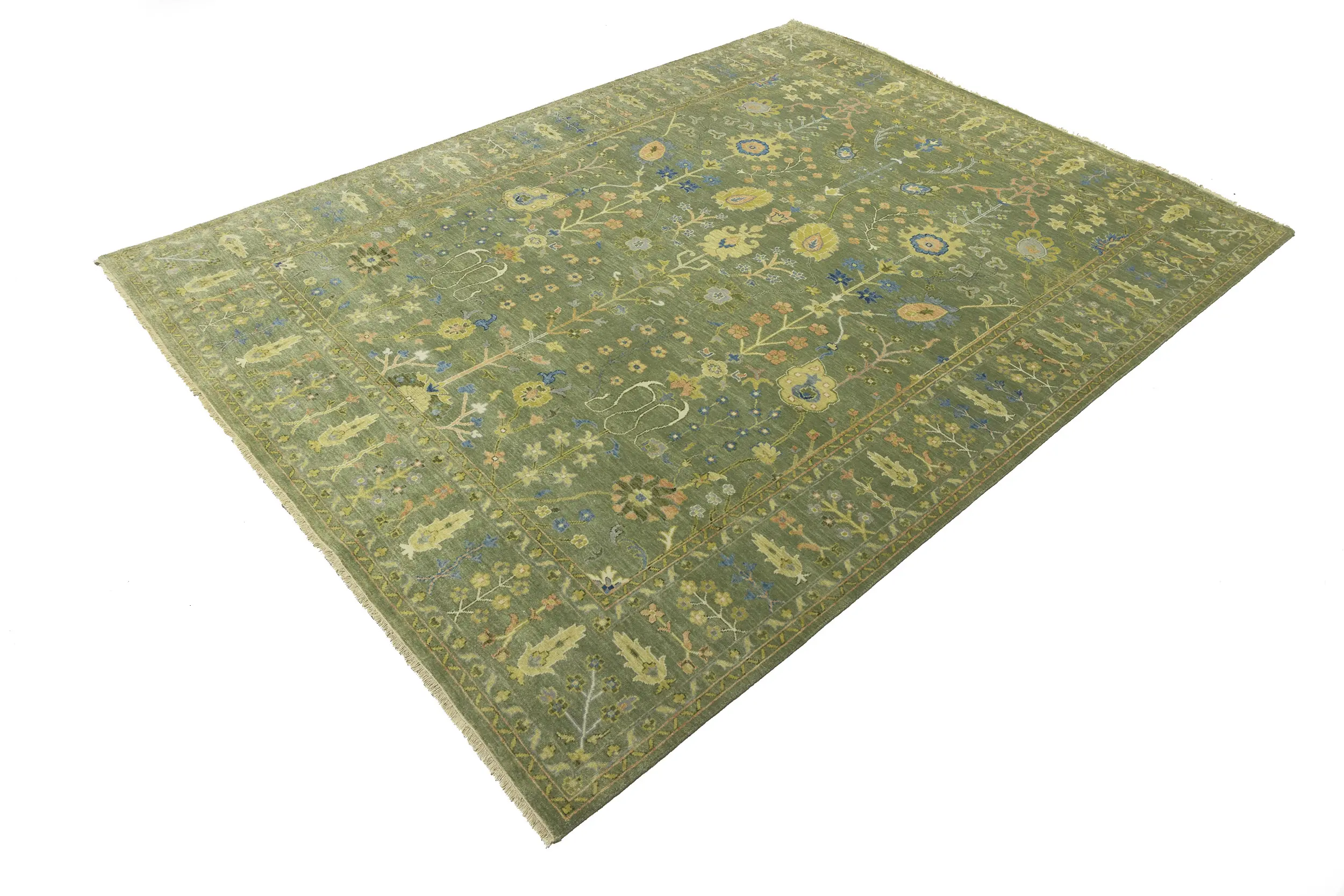 Olive Green Floral Traditional 9X12 Oushak Chobi Oriental Rug