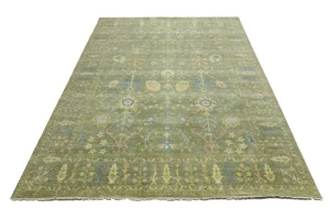 Olive Green Floral Traditional 9X12 Oushak Chobi Oriental Rug