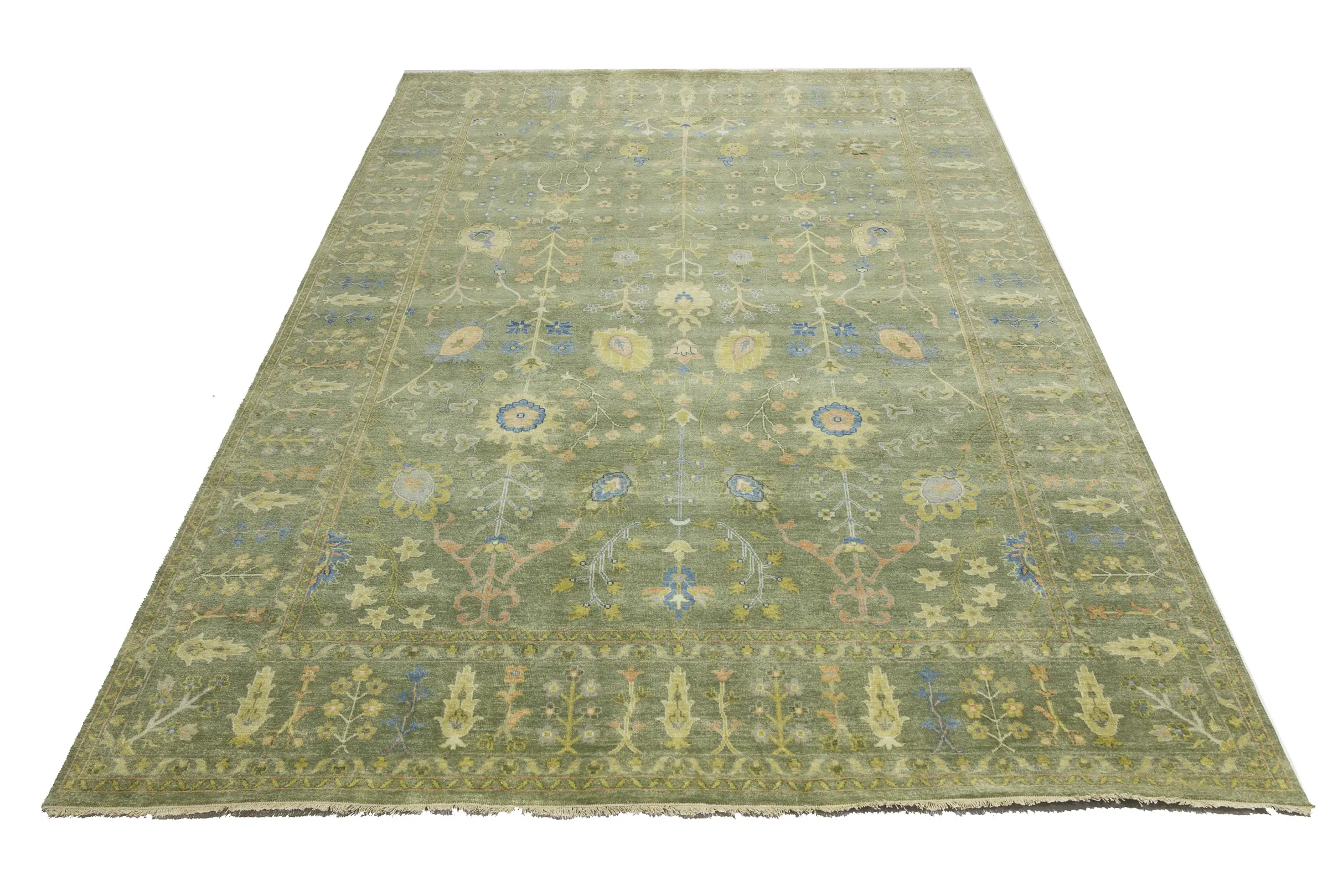 Olive Green Floral Traditional 9X12 Oushak Chobi Oriental Rug