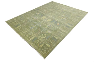 Olive Green Floral Traditional 9X12 Oushak Chobi Oriental Rug