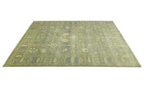 Olive Green Floral Traditional 9X12 Oushak Chobi Oriental Rug