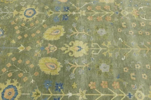 Olive Green Floral Traditional 9X12 Oushak Chobi Oriental Rug