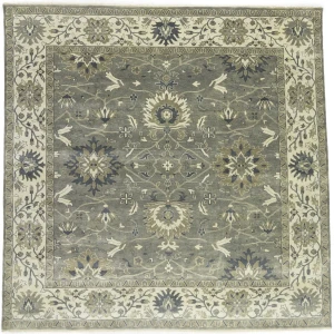 Light Gray, Ivory Floral 10X10 Chobi Oriental Square Rug