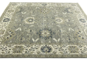Light Gray, Ivory Floral 10X10 Chobi Oriental Square Rug