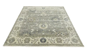 Light Gray, Ivory Floral 10X10 Chobi Oriental Square Rug