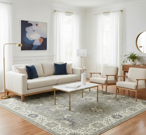 Light Gray, Ivory Floral 10X10 Chobi Oriental Square Rug