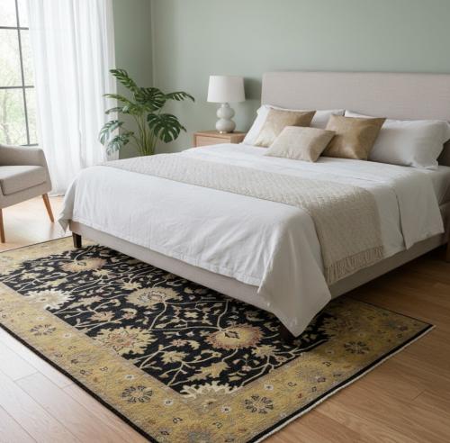 5'0 x 7'10 Hand Knotted Oushak Chobi Black Floral Wool Rug