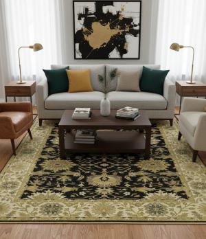 8'1 X 10'0 Hand Knotted Oushak Chobi Black Floral Wool Rug