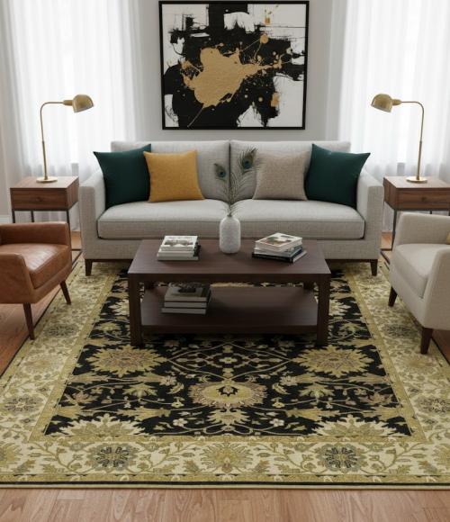 8'1 X 10'0 Hand Knotted Oushak Chobi Black Floral Wool Rug