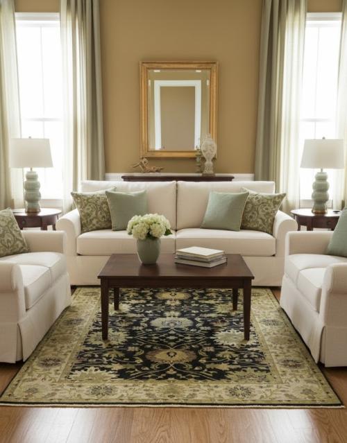 5'11 X 8'11 Hand Knotted Oushak Chobi Black Floral Wool Rug