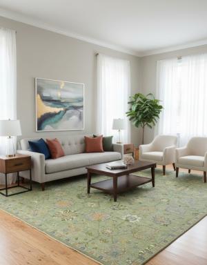 Sage Green Floral Transiitional 9X12 Oushak Chobi Oriental Rug