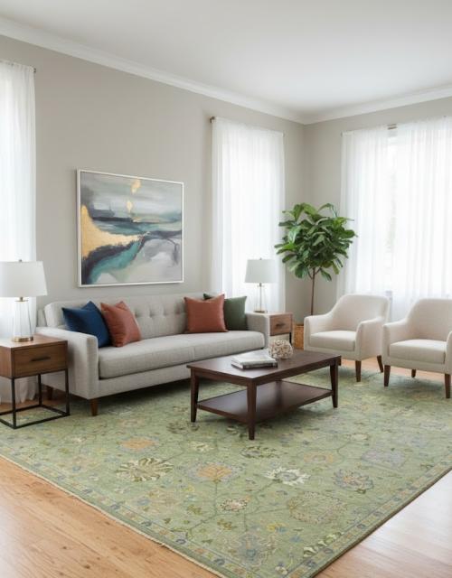 Sage Green Floral Transiitional 9X12 Oushak Chobi Oriental Rug