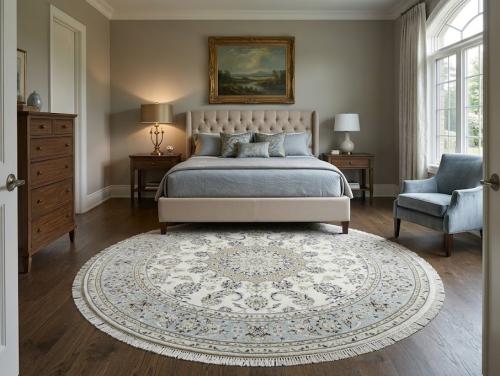 6'1 X 6'1 Cream & Blue Hand Knotted Indo-Nain Wool Round Rug
