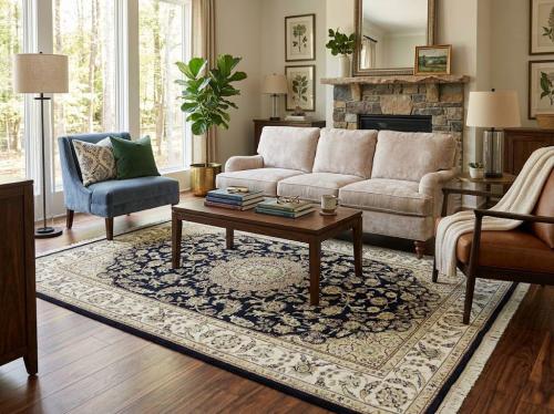 Dark Navy Floral 5X7 Indo-Nain Oriental Rug