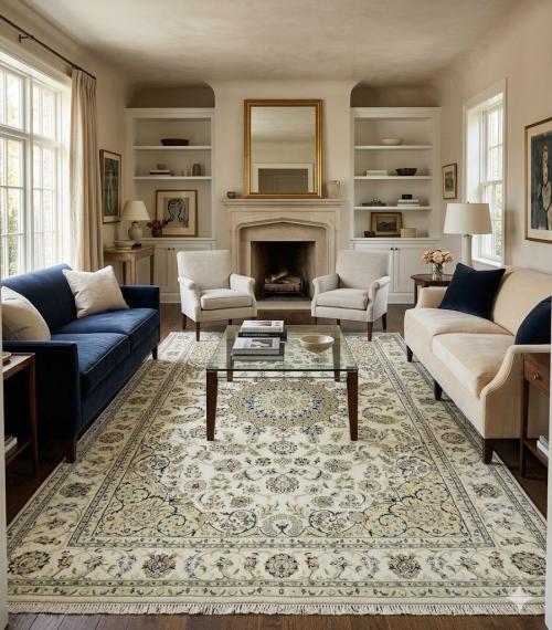 6'7 X 10'0 Hand Knotted Cream Indo-Nain Floral Wool Rug