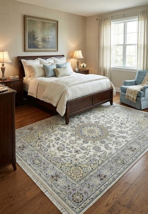 6'1 X 9'1 Cream & Blue Hand Knotted Floral Indo-Nain Wool Rug