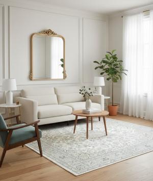 7'11 X 10'3 Hand Knotted Cream Floral Indo-Nain wool Rug