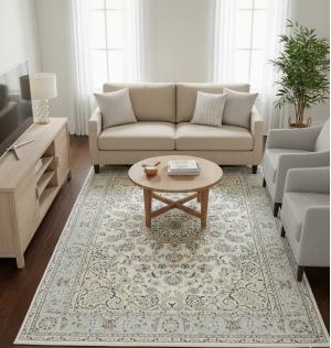 6'6 X 10'1 Indo-Nain Hand Knotted Cream & Blue Floral Wool Rug