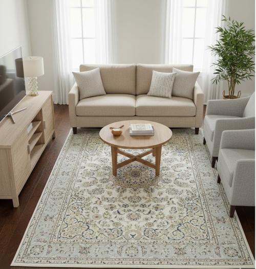 6'6 X 10'1 Indo-Nain Hand Knotted Cream & Blue Floral Wool Rug