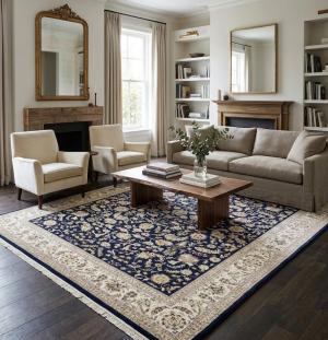 10'0 X 14'1 Hand Knotted Dark Navy Floral Indo-Nain Wool Rug