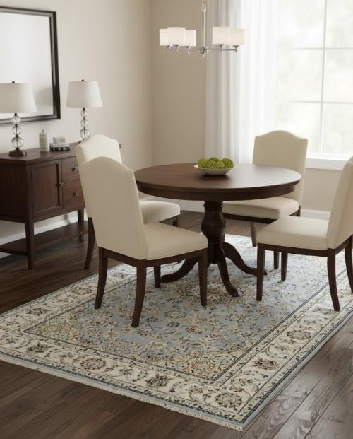 5'1 X 8'1 Hand Knotted Light Blue Floral Indo-Nain Wool Rug