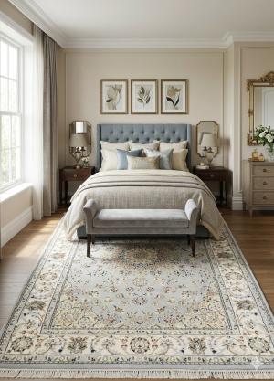 5'1 X 6'11 Hand Knotted Floral Blue Floral Indo-Nain Wool Rug