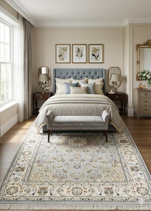 5'1 X 6'11 Hand Knotted Floral Blue Floral Indo-Nain Wool Rug