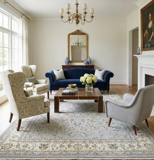 Light Blue Floral 10x14 Indo-Nain Oriental Area Rug