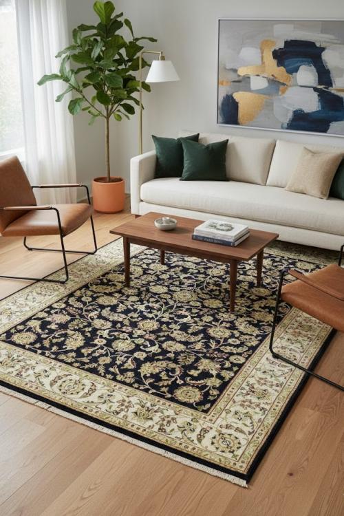 5'11 X 8'11 Floral Dark Navy Hand Knotted Indo-Nain Wool Rug