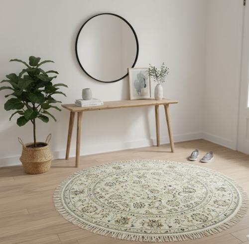 Cream Floral Traditional 4X4 Indo-Nain Oriental Round Rug