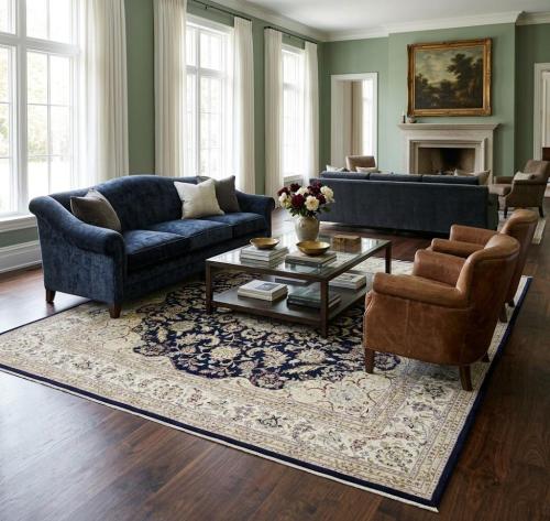 Dark Navy Floral Classic 11x12 Indo-Nain Oriental Square Rug