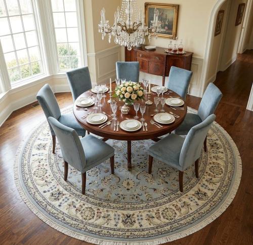 Light Blue Floral 8x8 Indo-Nain Oriental Round Rug