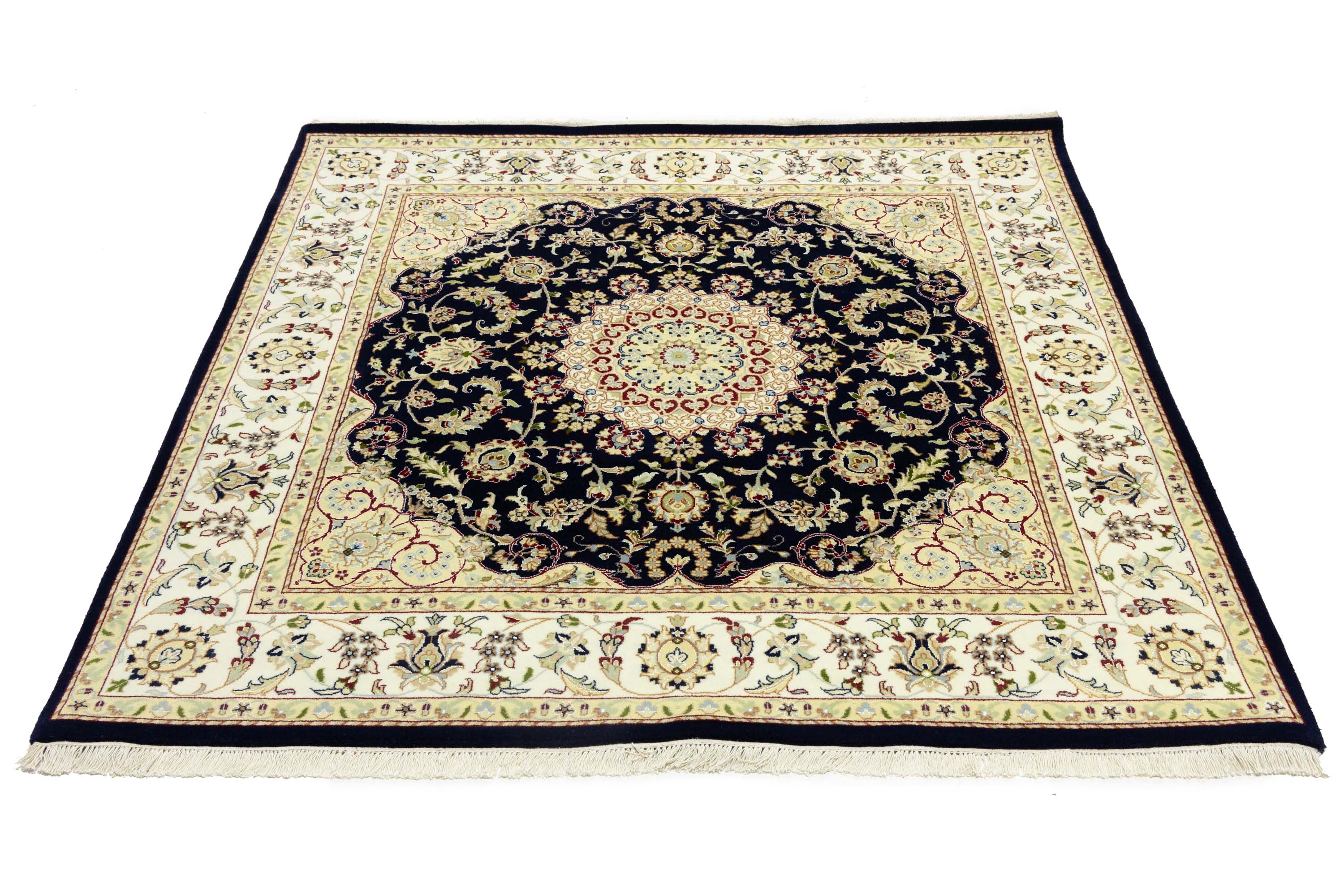 Navy Floral Traditional 6x6 Indo-Nain Oriental Square Rug