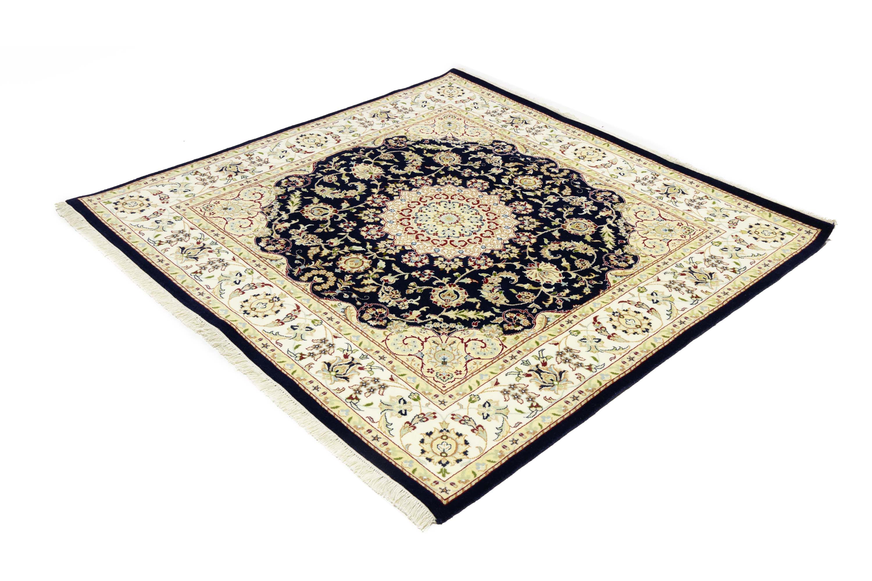 Navy Floral Traditional 6x6 Indo-Nain Oriental Square Rug