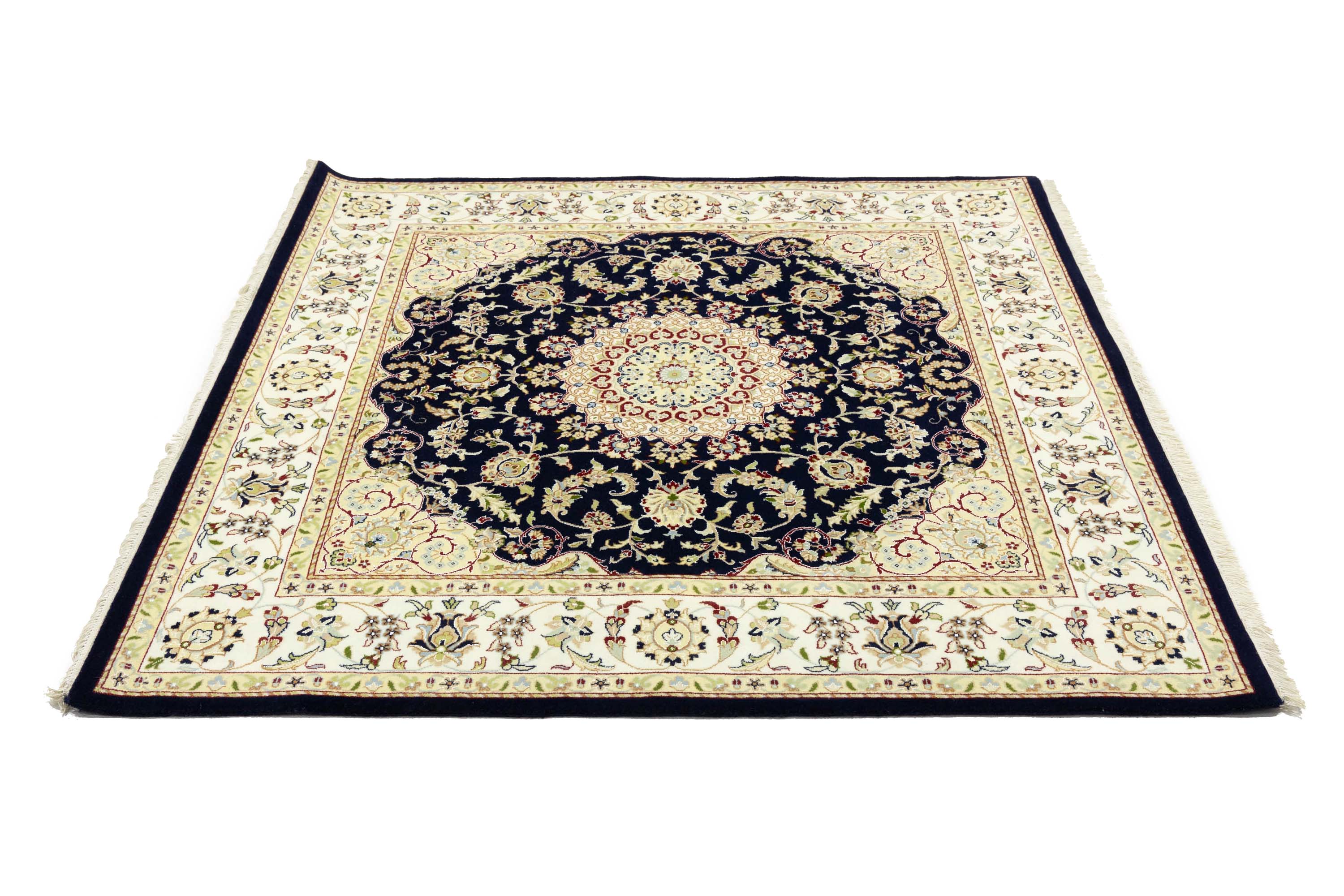Navy Floral Traditional 6x6 Indo-Nain Oriental Square Rug