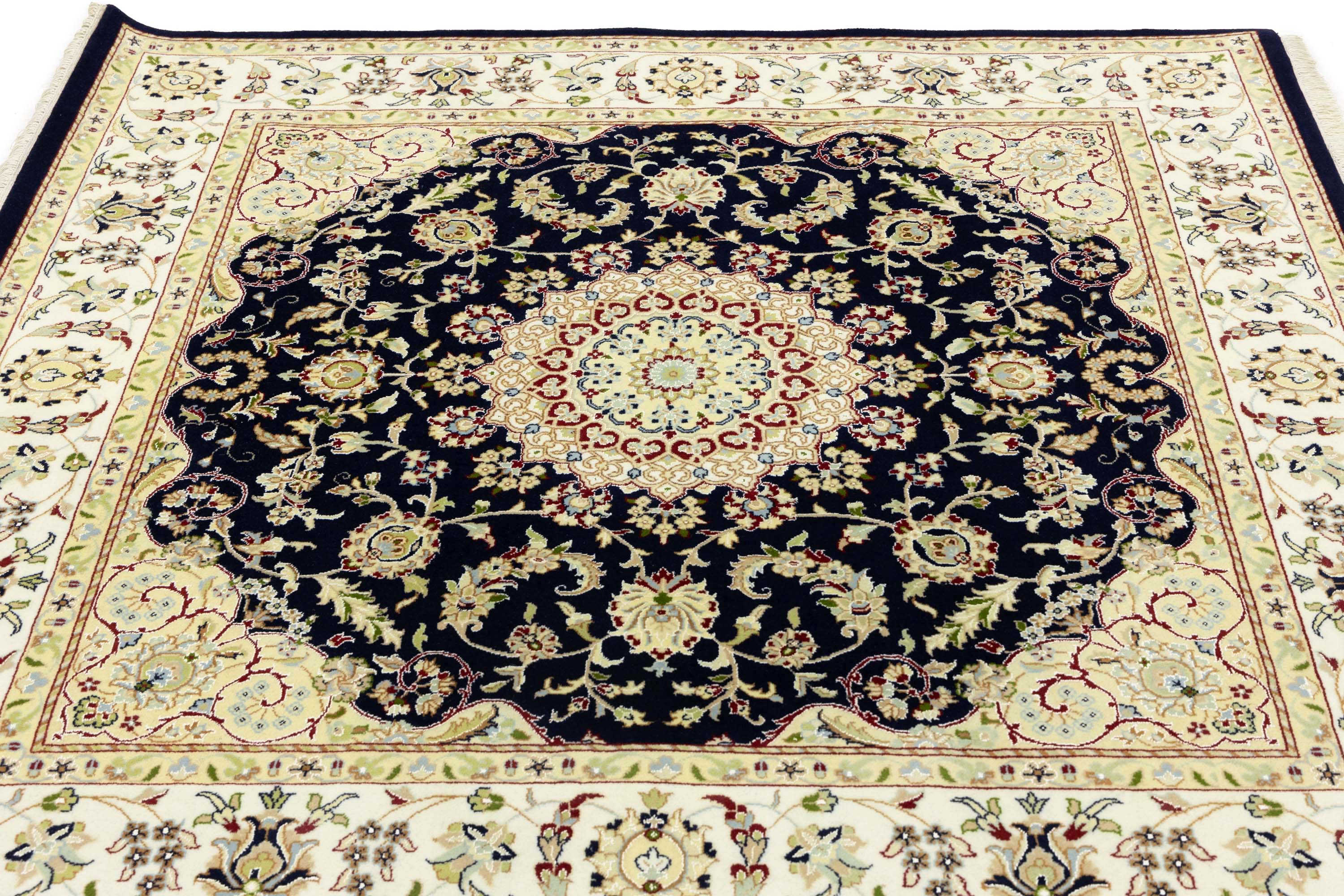 Navy Floral Traditional 6x6 Indo-Nain Oriental Square Rug