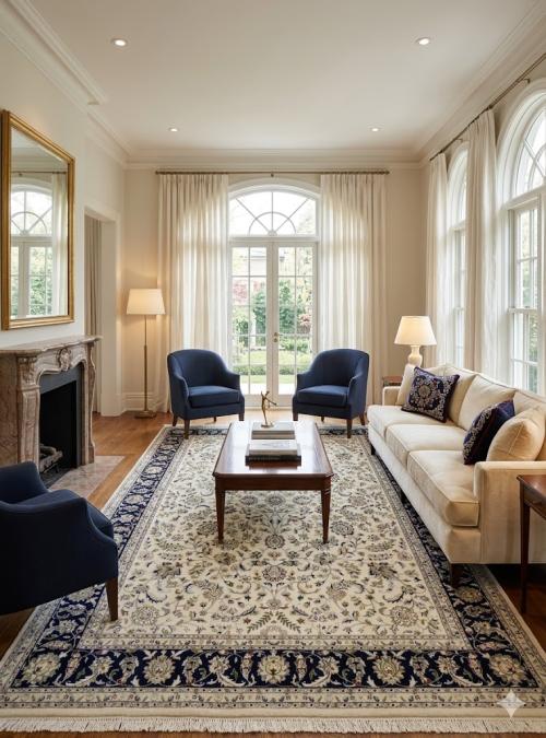 9'1 X 12'1 Cream Hand Knotted Floral Indo-Nain Wool Rug