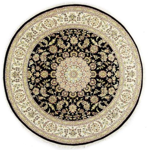 Black Floral 8x8 Indo-Nain Oriental Round Rug