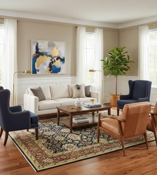 Navy Blue Geometric Transitional 9X12 Chobi Oriental Rug