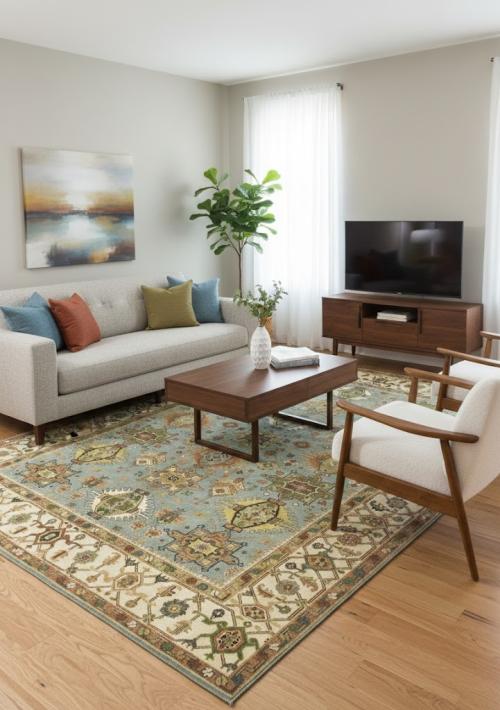 Sky Blue Geometric Tribal 8x10 Chobi Oriental Rug