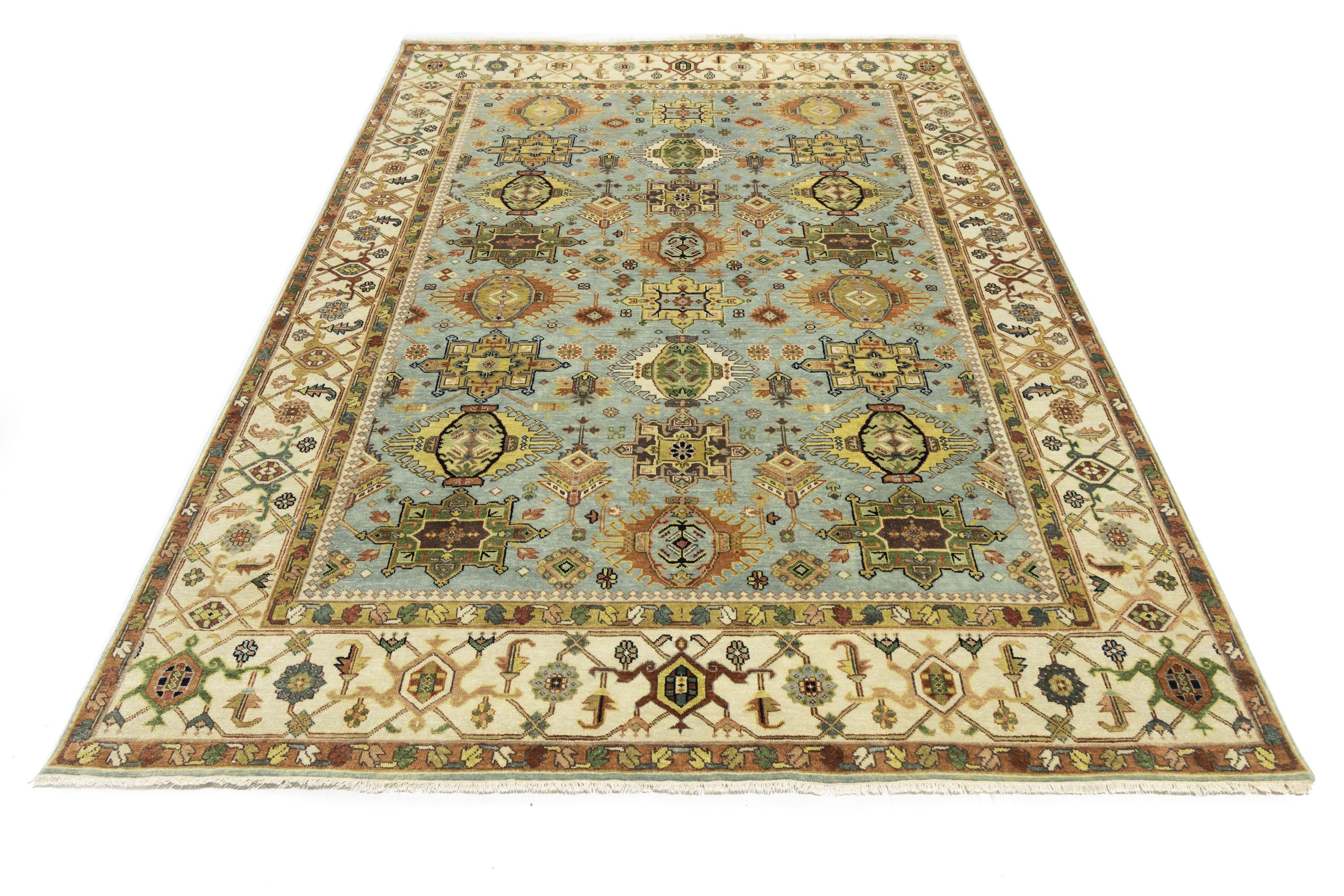 Sky Blue Geometric Tribal 9x12 Chobi Oriental Rug