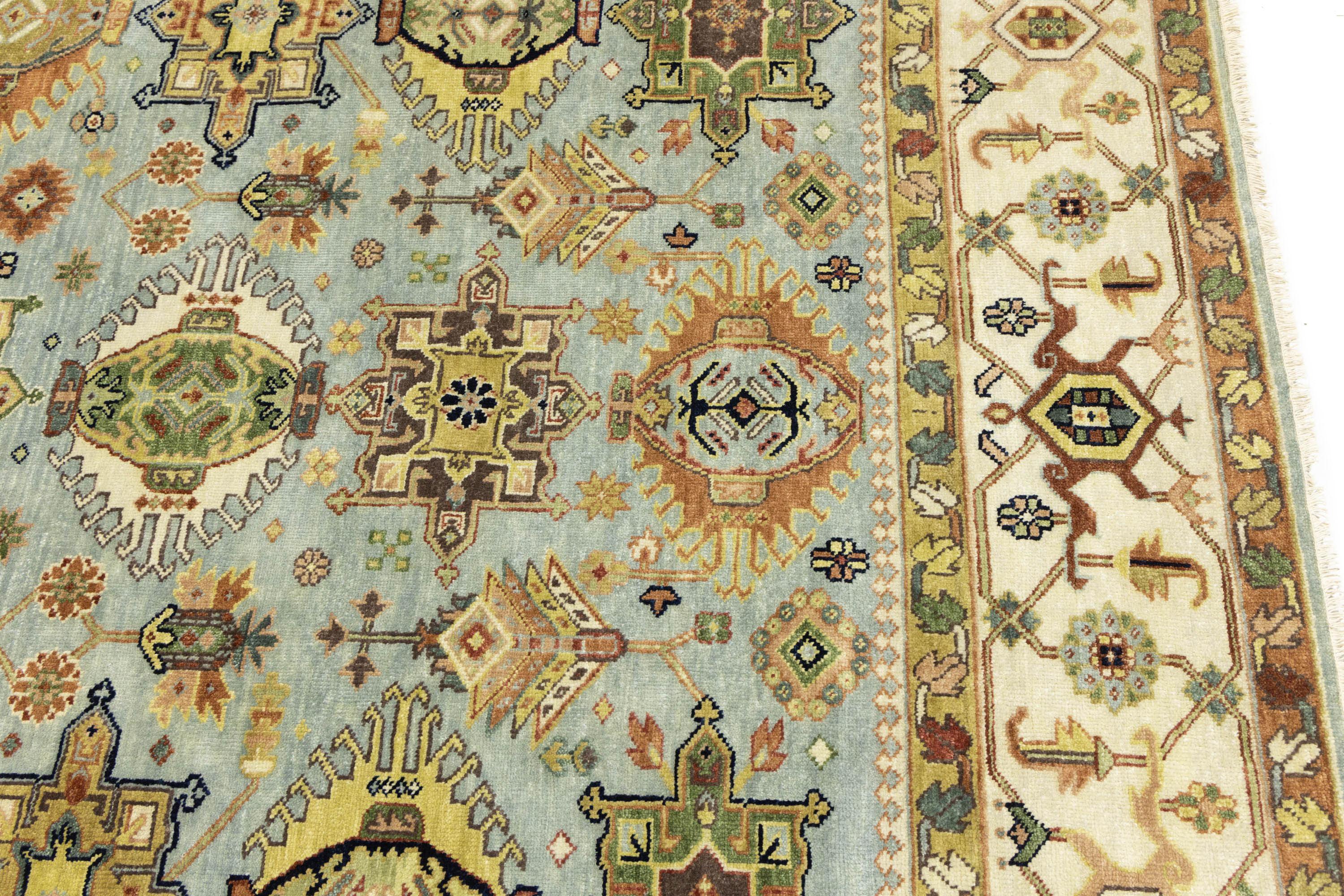 Sky Blue Geometric Tribal 9x12 Chobi Oriental Rug