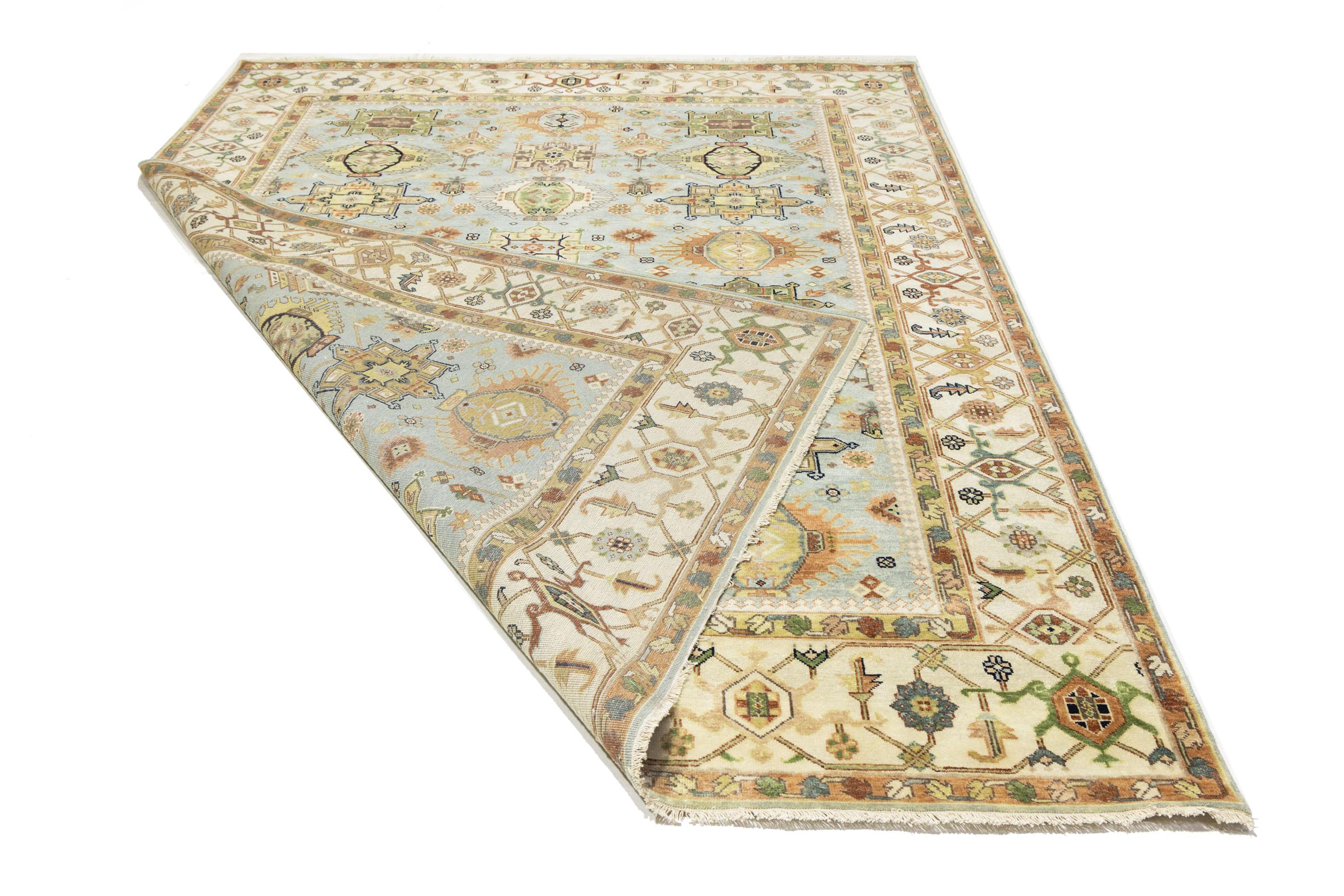 Sky Blue Geometric Tribal 9x12 Chobi Oriental Rug