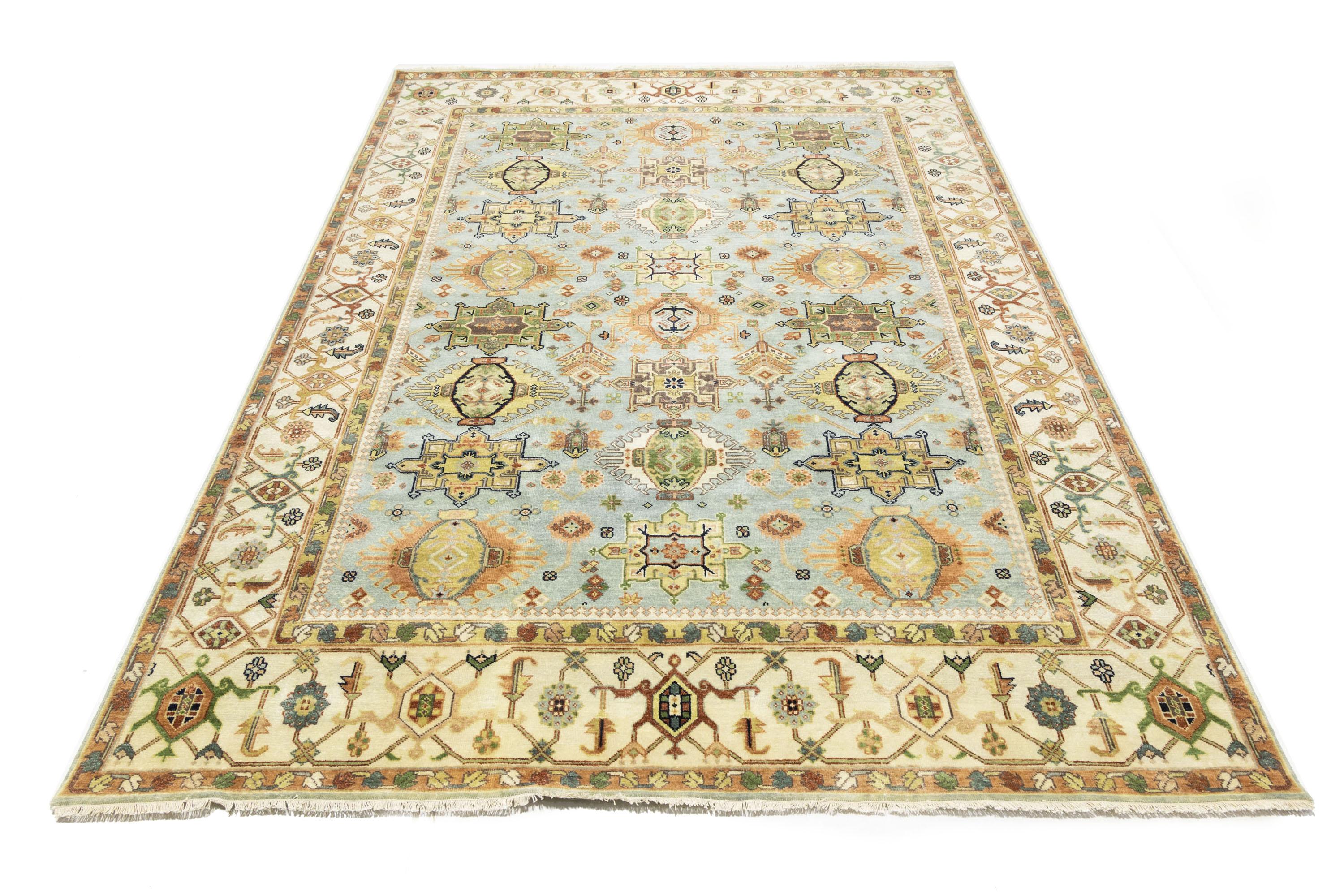 Sky Blue Geometric Tribal 9x12 Chobi Oriental Rug