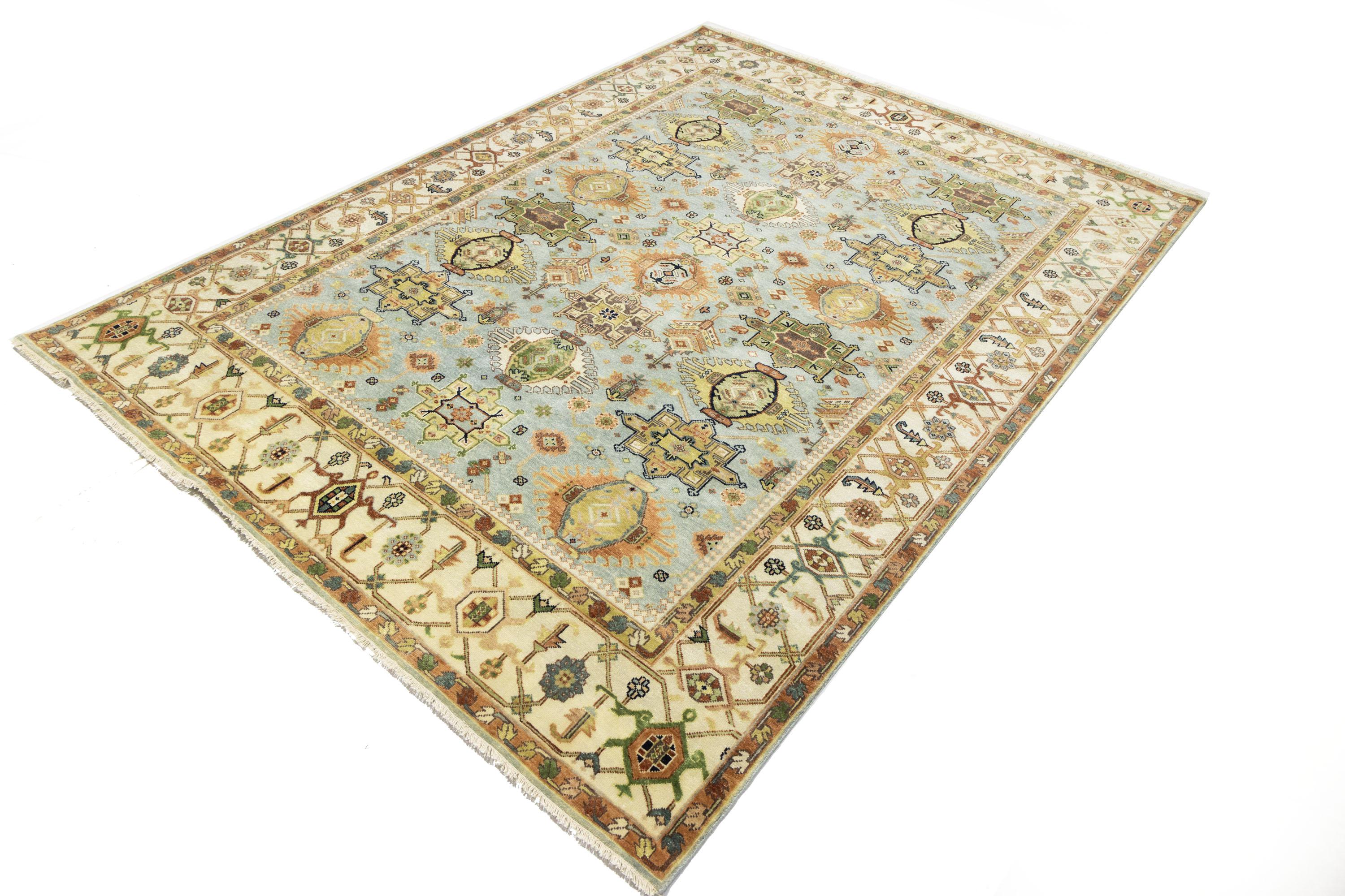 Sky Blue Geometric Tribal 9x12 Chobi Oriental Rug