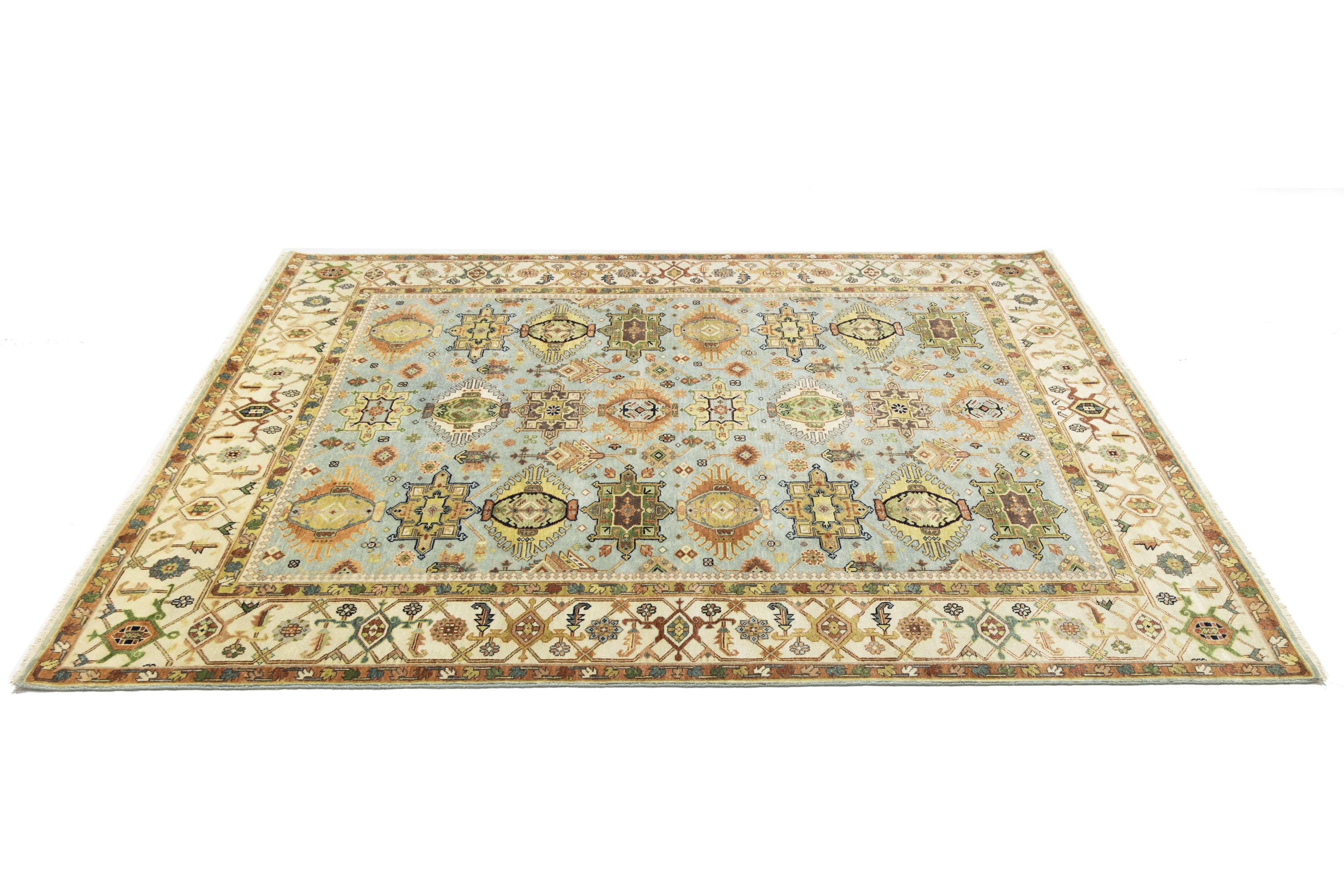 Sky Blue Geometric Tribal 9x12 Chobi Oriental Rug
