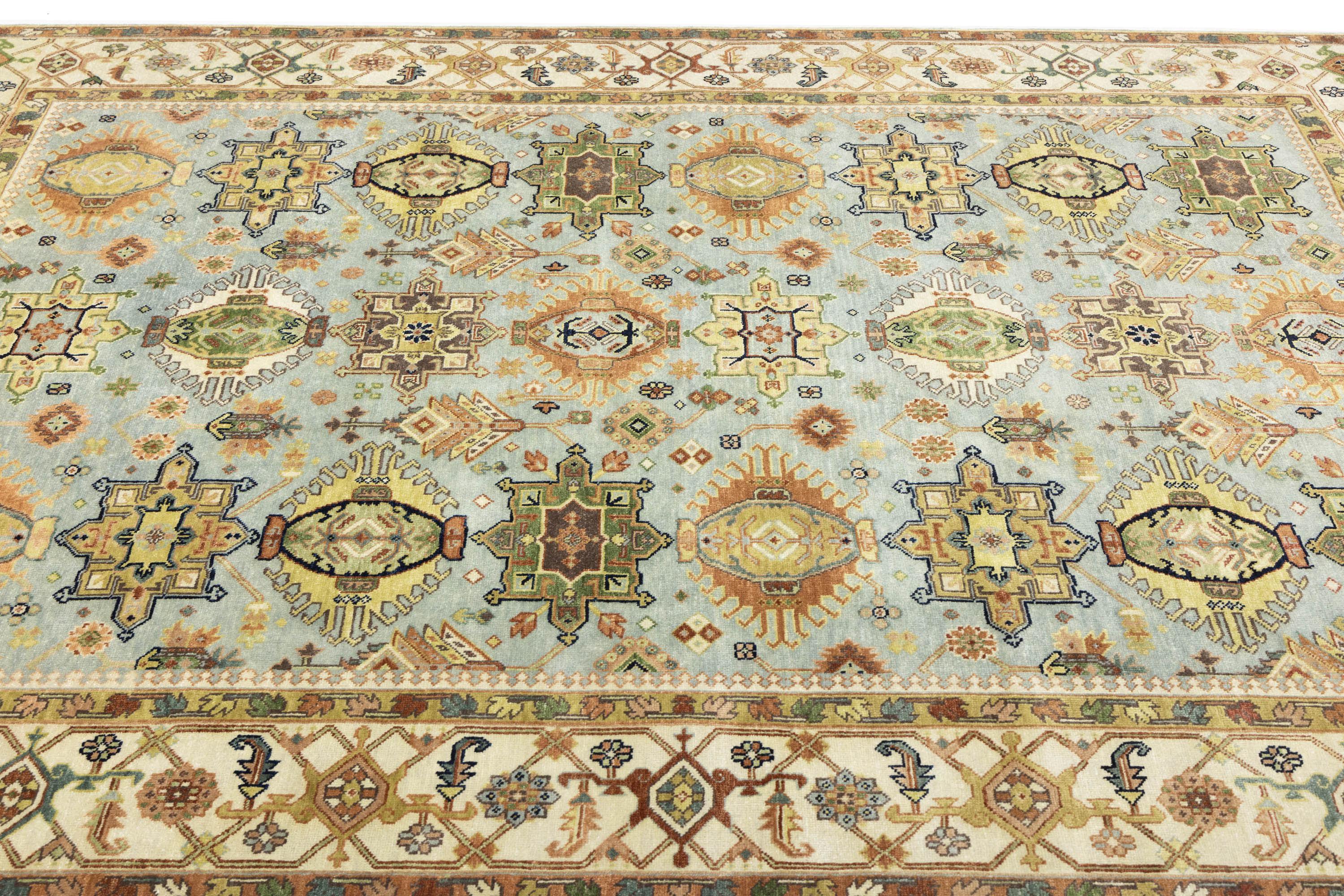 Sky Blue Geometric Tribal 9x12 Chobi Oriental Rug