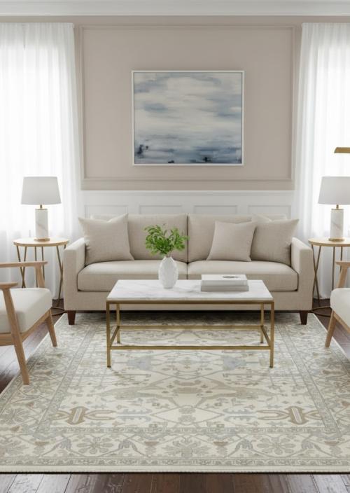 Muted Cream Floral Transitional 9X12 Oushak Oriental Rug