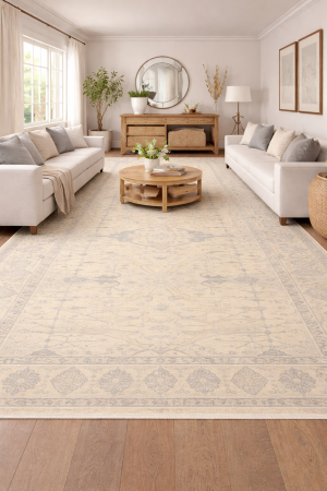 Muted Beige Floral Transitional 9X18 Oushak Oriental Rug