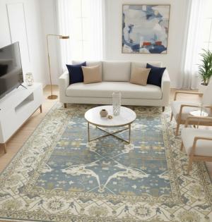 Muted Blue-gray Floral Transitional 12X15 Oushak Oriental Rug